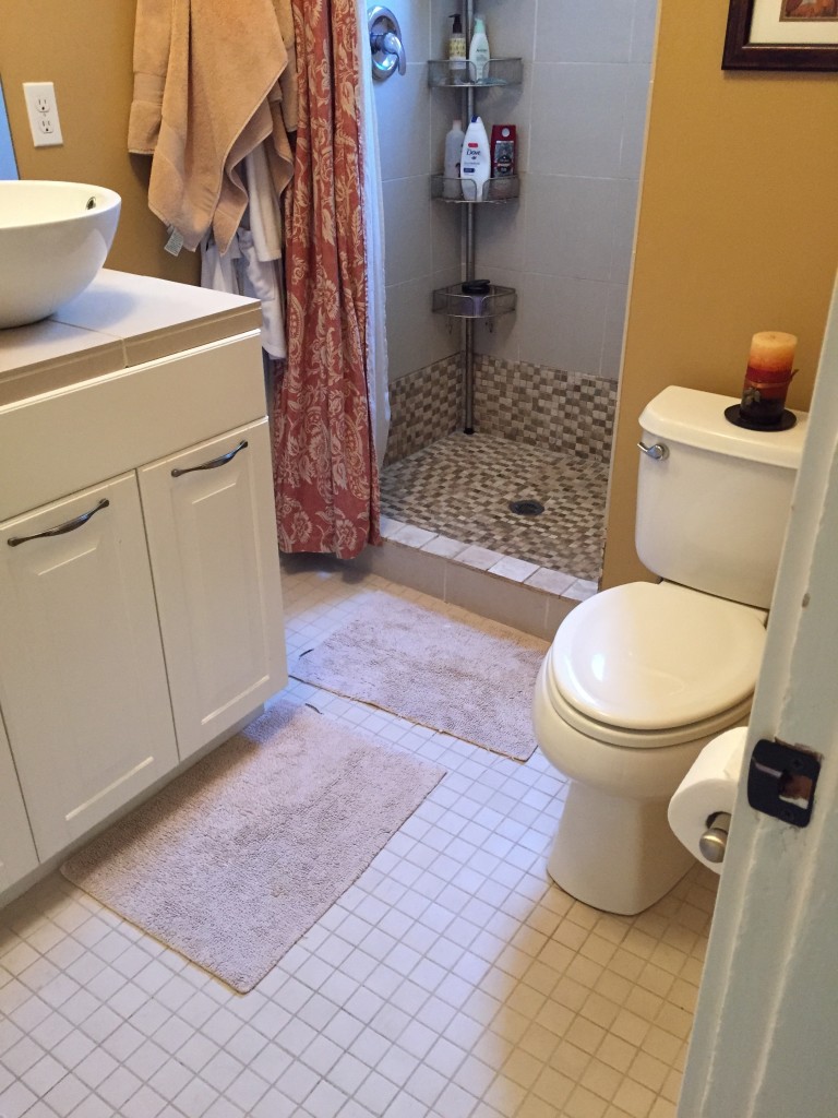 {Our new tile will be 4x8" white subway tiles on the wall and 2" Carrara marble hexagon tiles on the floor. We'll be using a gray grout. I'm also pretty excited about our new toilet - it's really nice looking!}
