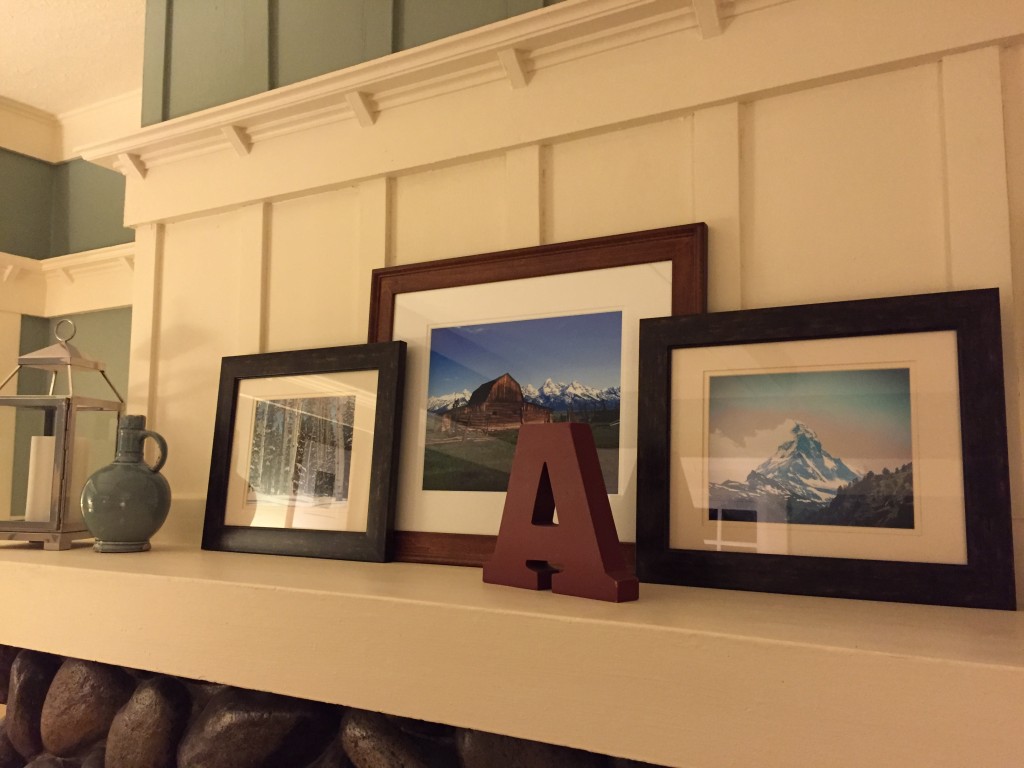 {Here's a close up - the framed photos are of Deer Valley, Jackson Hole and the Matterhorn, three places we've been to and love.}