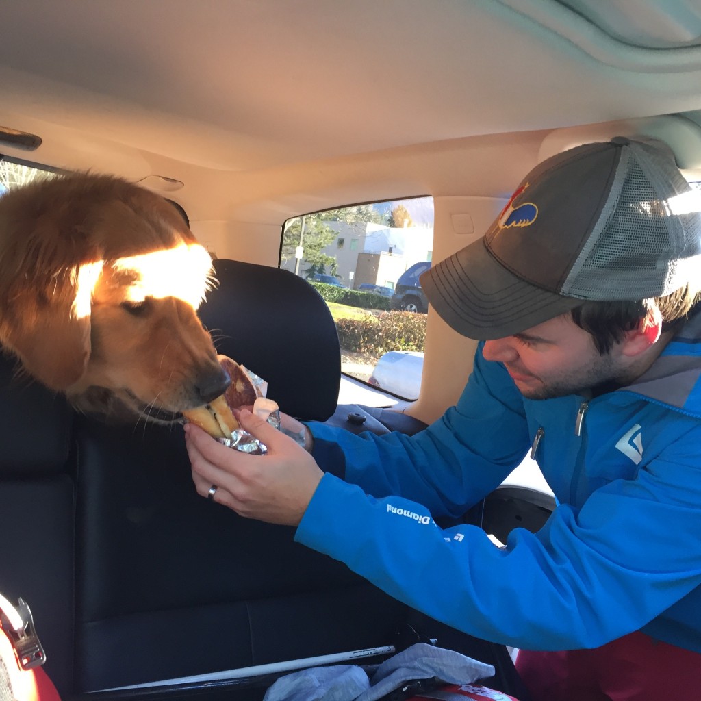 {Hopefully giving Jackson a cheeseburger as a treat on our way home from skiing made up for him being off his schedule. And no, this is not a normal occurrence for Jackson!}