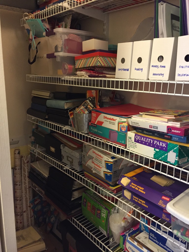 {We added 5 rows of shelves across the whole closet and this allowed us to use about 1/3 for personal storage and the rest for my work stuff.}
