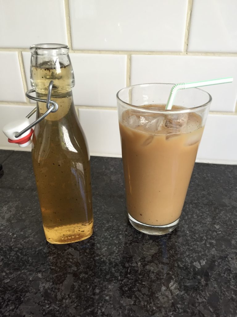 {Several days a week we had been walking up to the coffee shop in our neighborhood to get an afternoon pick-me-up, but then I decided to make our own vanilla syrup for coffees so we can have iced vanilla lattes or coffees at home instead.}